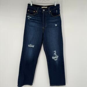Levi's 501 Ribcage Straight Ankle Jeans Womens 27x27 Blue Distressed
